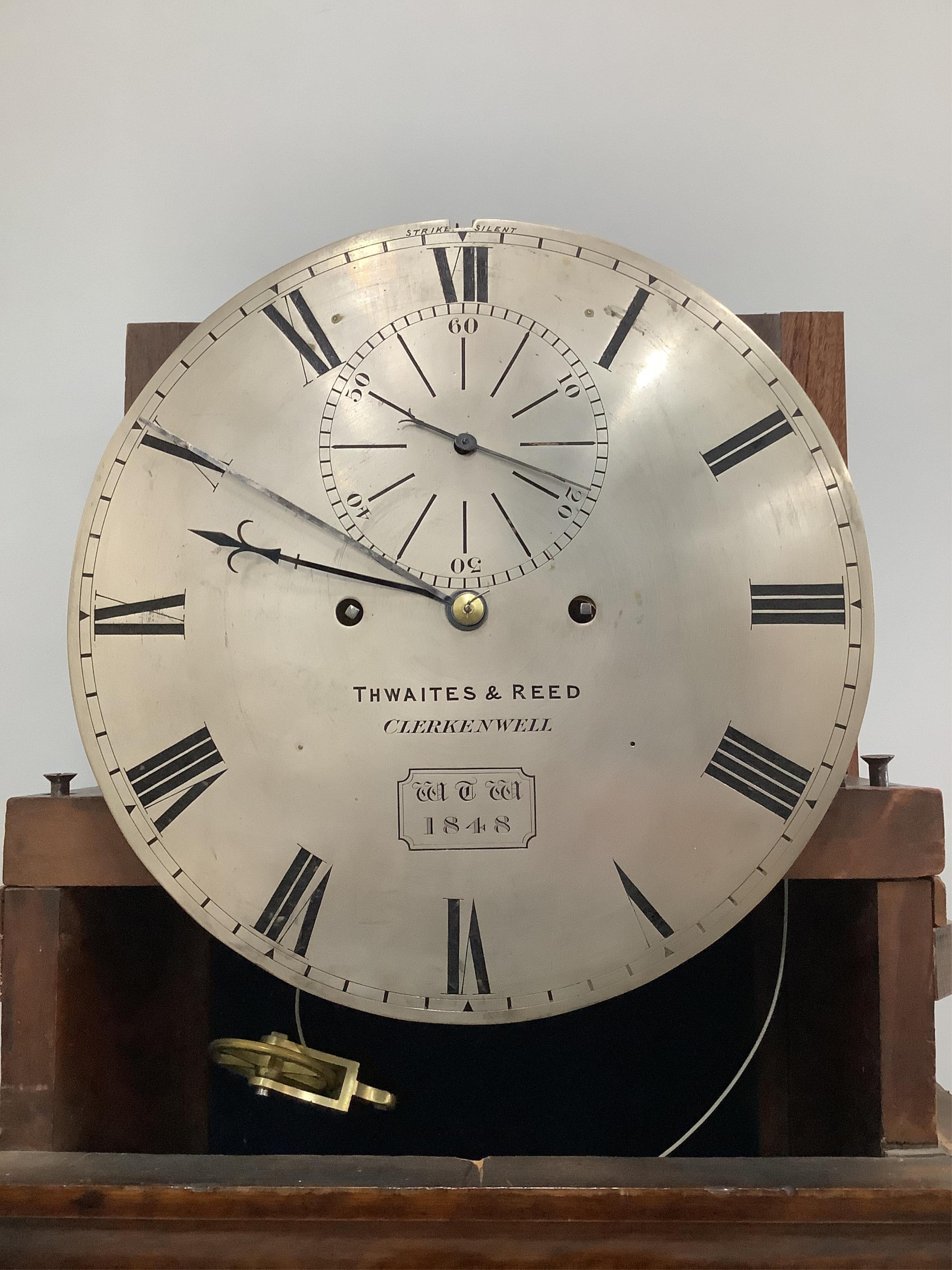 A mid 19th century oak eight day longcase regulator, circular silvered dial signed Thwaites & Reed, Clerkenwell, WTW 1848